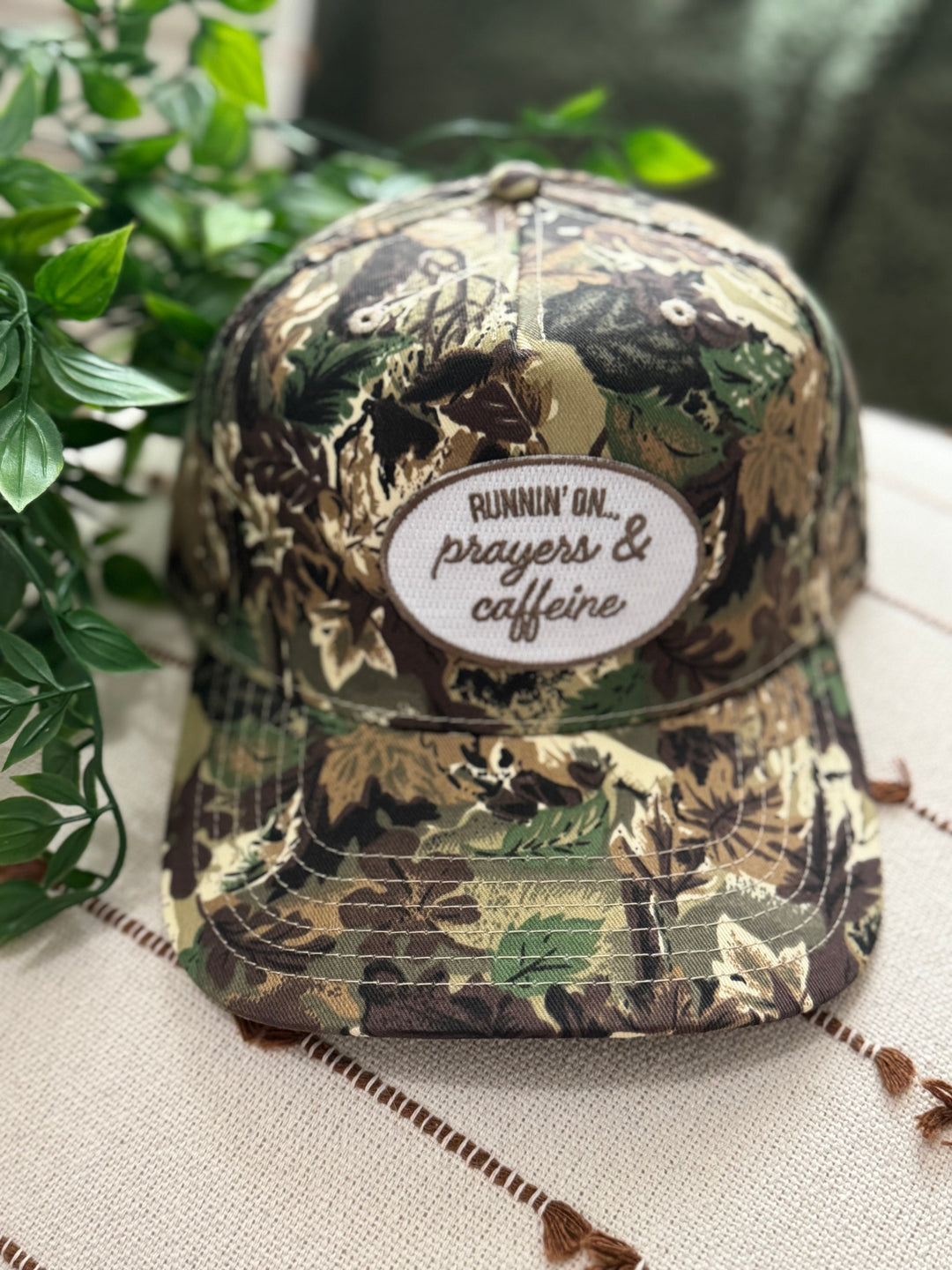 Runnin' On Prayers & Caffeine Camo Trucker Hat