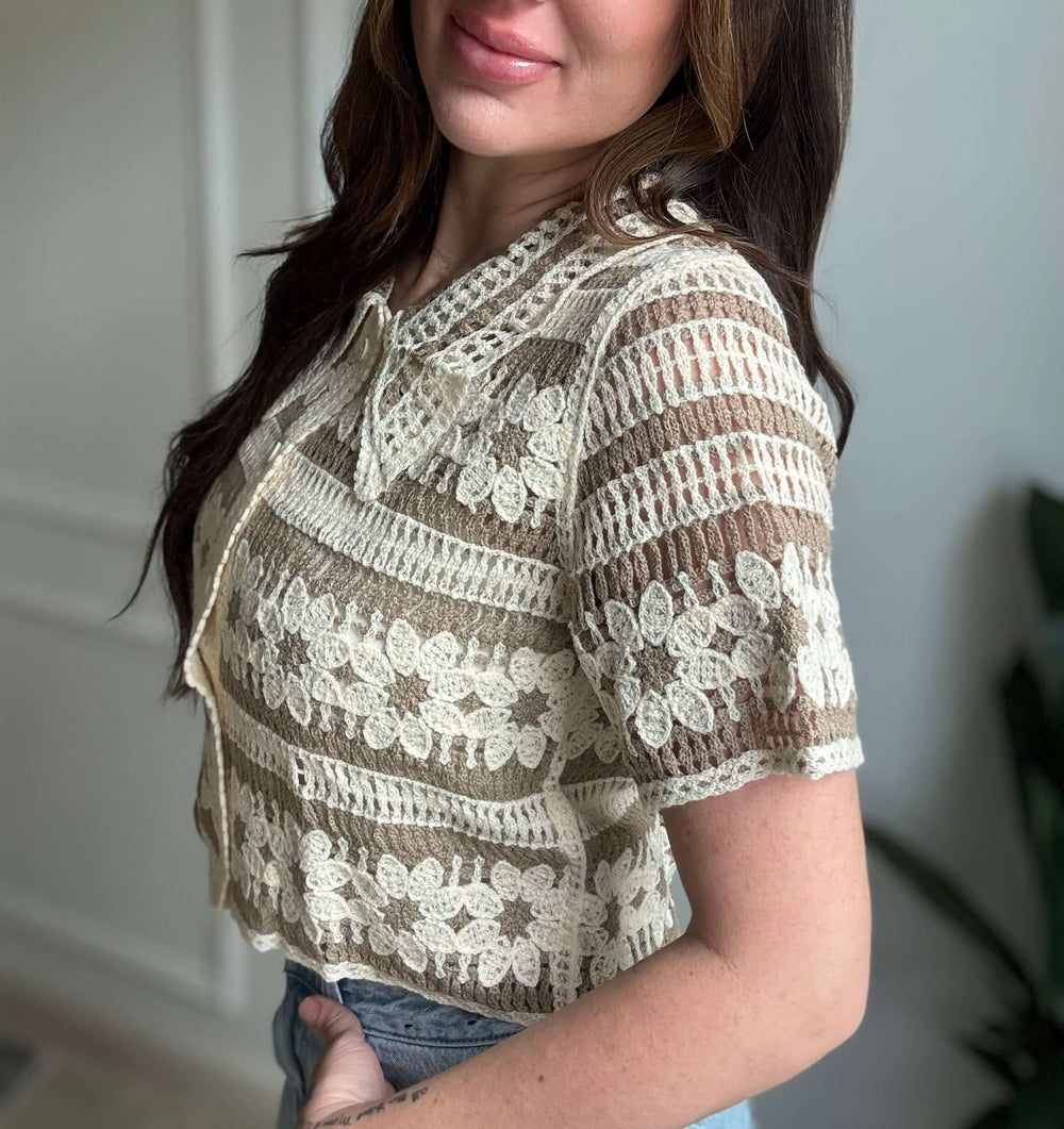 Elegant floral crochet button-up top in soft tan, perfect for Christian women’s everyday style.