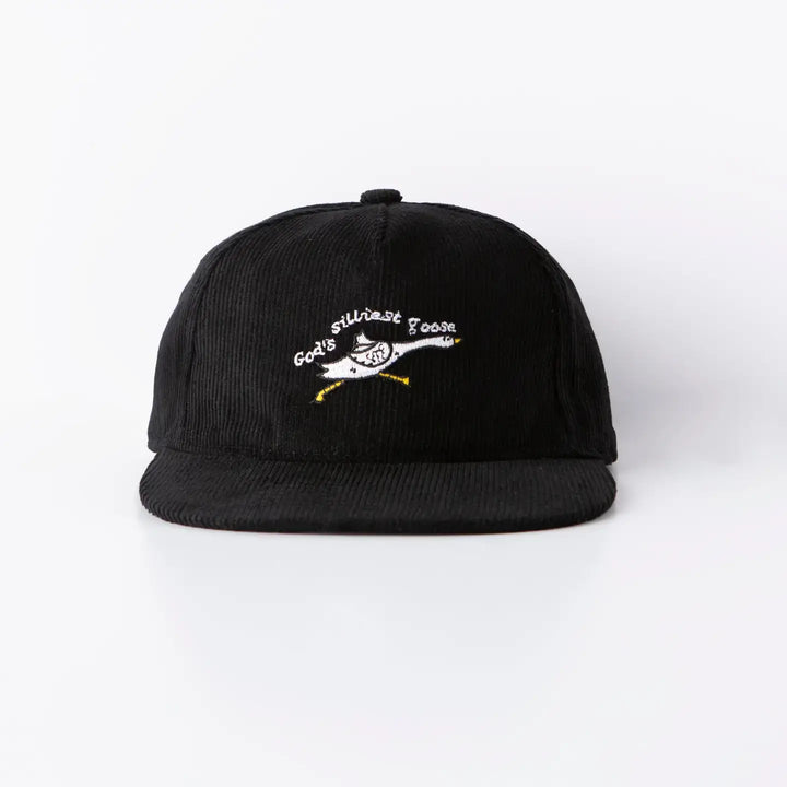 Black corduroy hat with 'God's Silliest Goose' embroidered, celebrating joy and humor in faith.