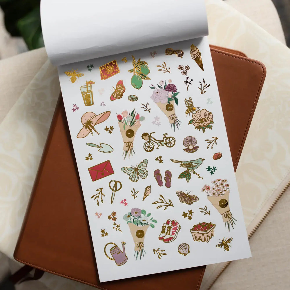 Colorful hand-lettered Bible Study stickers featuring flowers, butterflies, and uplifting quotes for journaling.