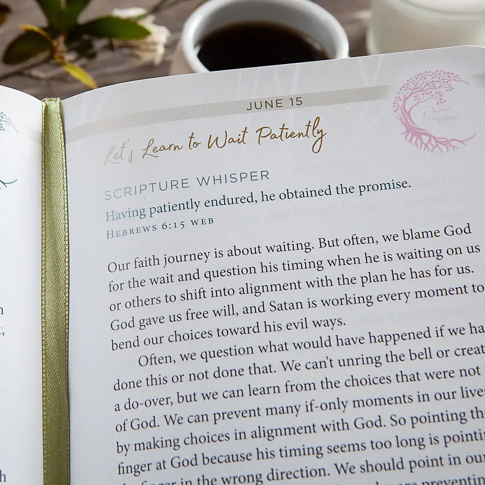 Close-up of a devotional page discussing patience, featuring scripture and reflections to cultivate faith.