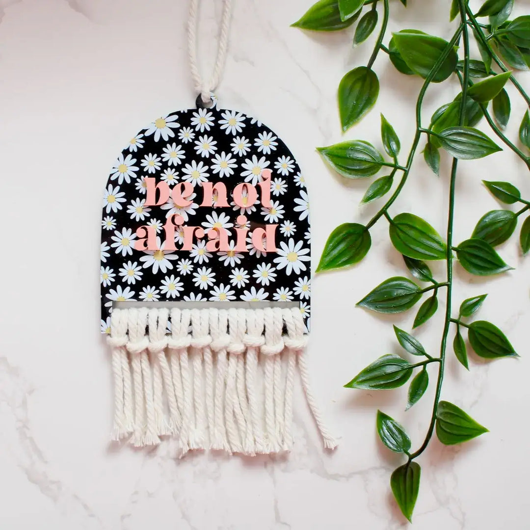 Vintage-style Be Not Afraid rearview mirror charm with floral design and tassel, uplifting car decor.