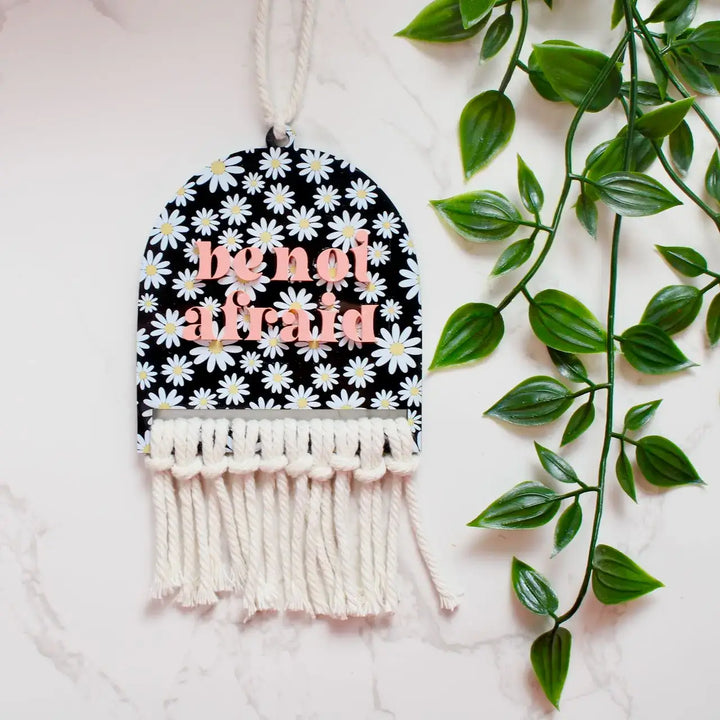 Vintage-style Be Not Afraid rearview mirror charm with floral design and tassel, uplifting car decor.