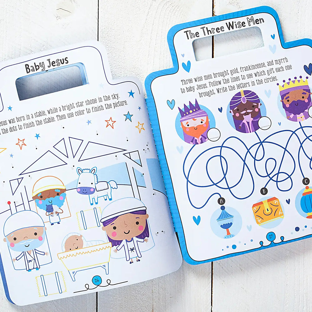 Baby Jesus and Three Wise Men activity page from My Bible Backpack Activity Book for kids.
