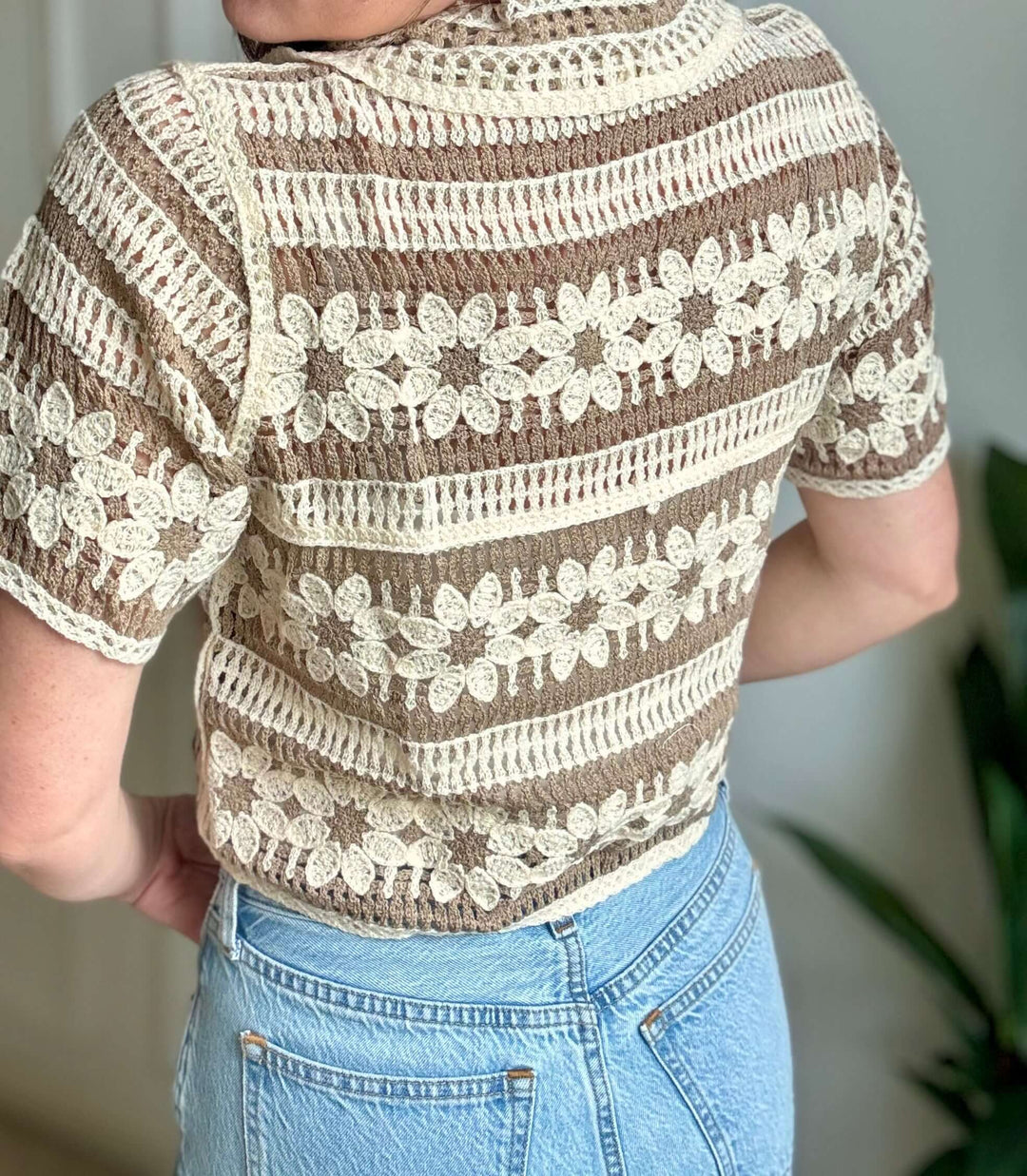 Fashionable Blossom Top with floral crochet detailing, perfect for Christian women's everyday style.