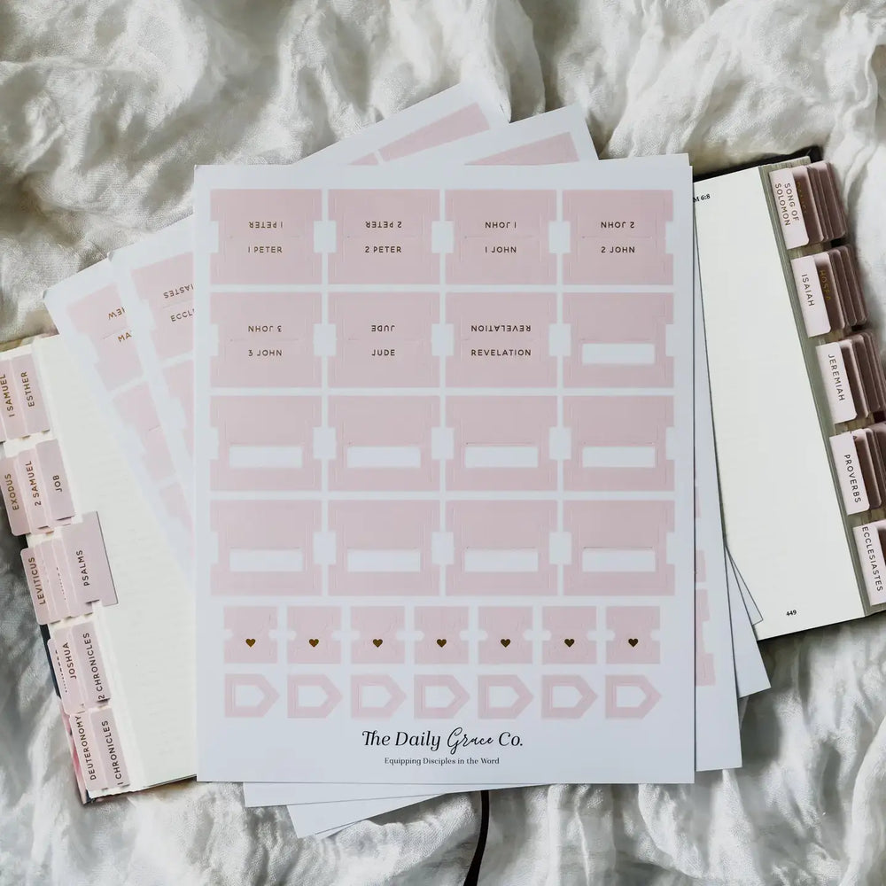 Blush Bible Tabs design sheets on a soft background, featuring tabs for easy Bible organization and navigation.