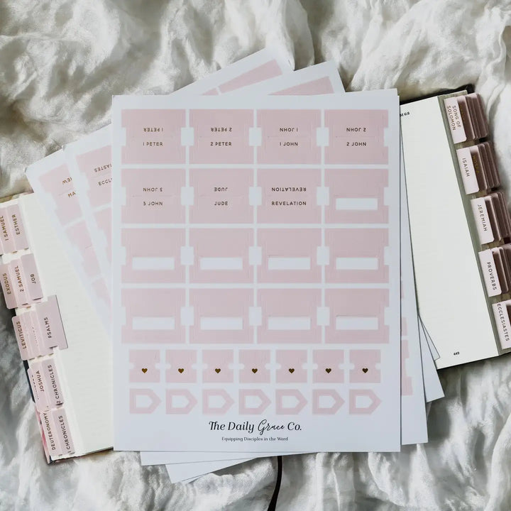 Blush Bible Tabs design sheets on a soft background, featuring tabs for easy Bible organization and navigation.