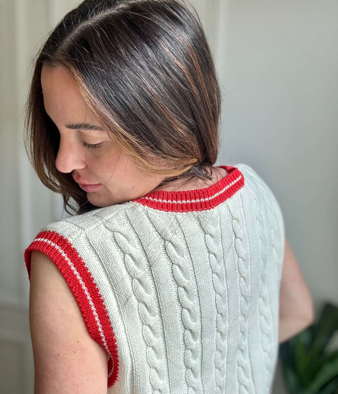 Courageous Sweater Vest in ivory and red, perfect for layering in Christian women's fashion.