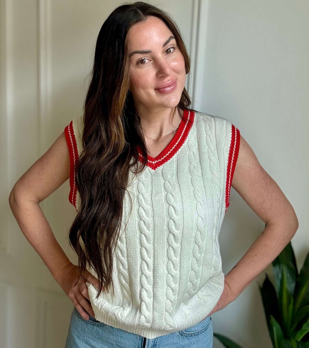 Courageous Sweater Vest in ivory and red, perfect for layering in Christian women's fashion, cozy and stylish.
