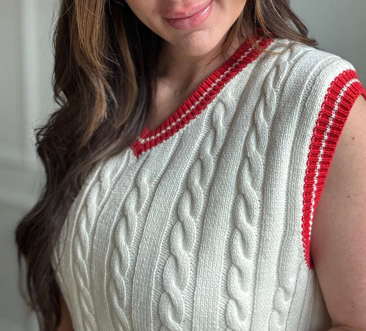 Courageous Sweater Vest in ivory and red, a cozy layering piece for Christian women's fashion.