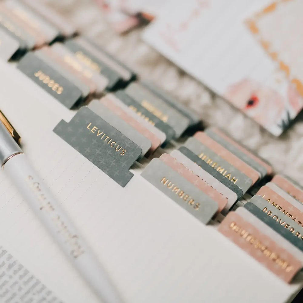 Close-up of Crosses Bible Tabs for easy navigation of scripture books including Leviticus and Numbers.