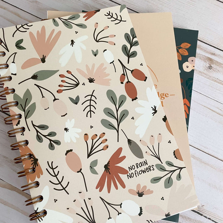 Spiral-bound Faith Over Fear Journal with floral design and 'No Rain No Flowers' message for Christian women.