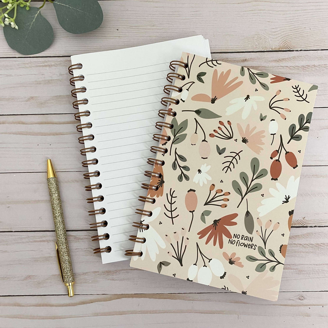Spiral-bound No Rain No Flowers journal with floral design, ideal for Christian women’s devotional and journaling.