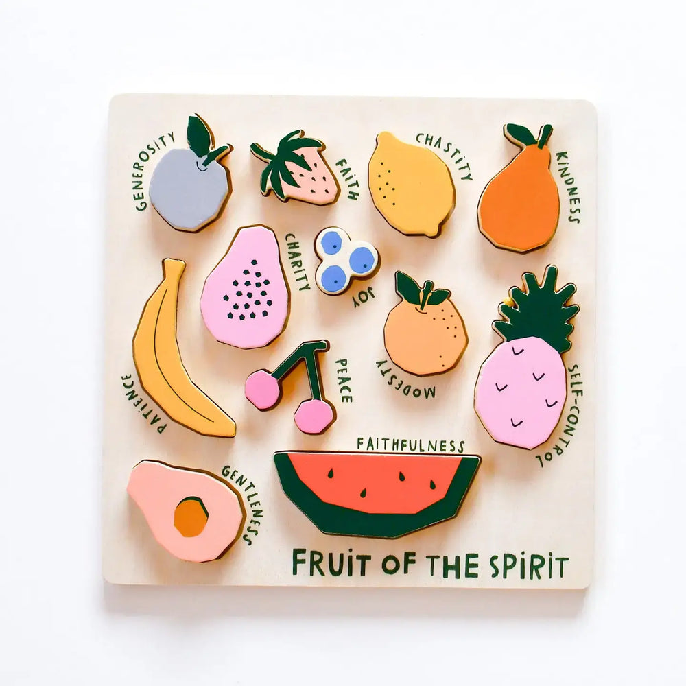 Fruit of The Spirit wooden puzzle for kids featuring colorful fruit pieces with positive attributes like generosity and kindness.