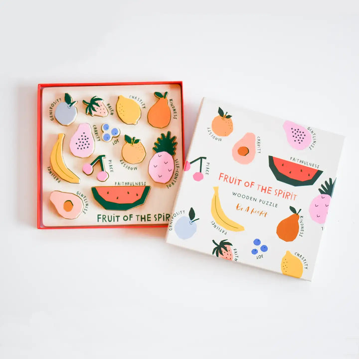 Colorful Fruits of the Spirit wooden puzzle for kids with poplar wood pieces and storage box, promoting learning and fine motor skills.