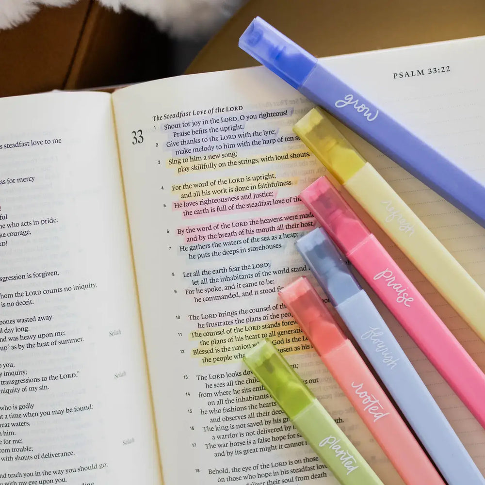 Colorful Garden Highlighters on open Bible page, showcasing vibrant colors and dual tips for Bible study.