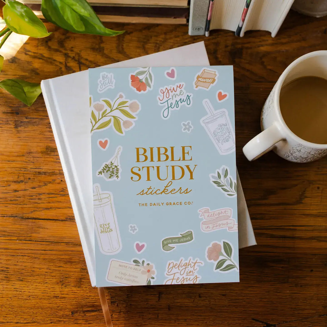 Give Me Jesus Bible Study Stickers on a planner with illustrations and quotes for inspiration in faith.