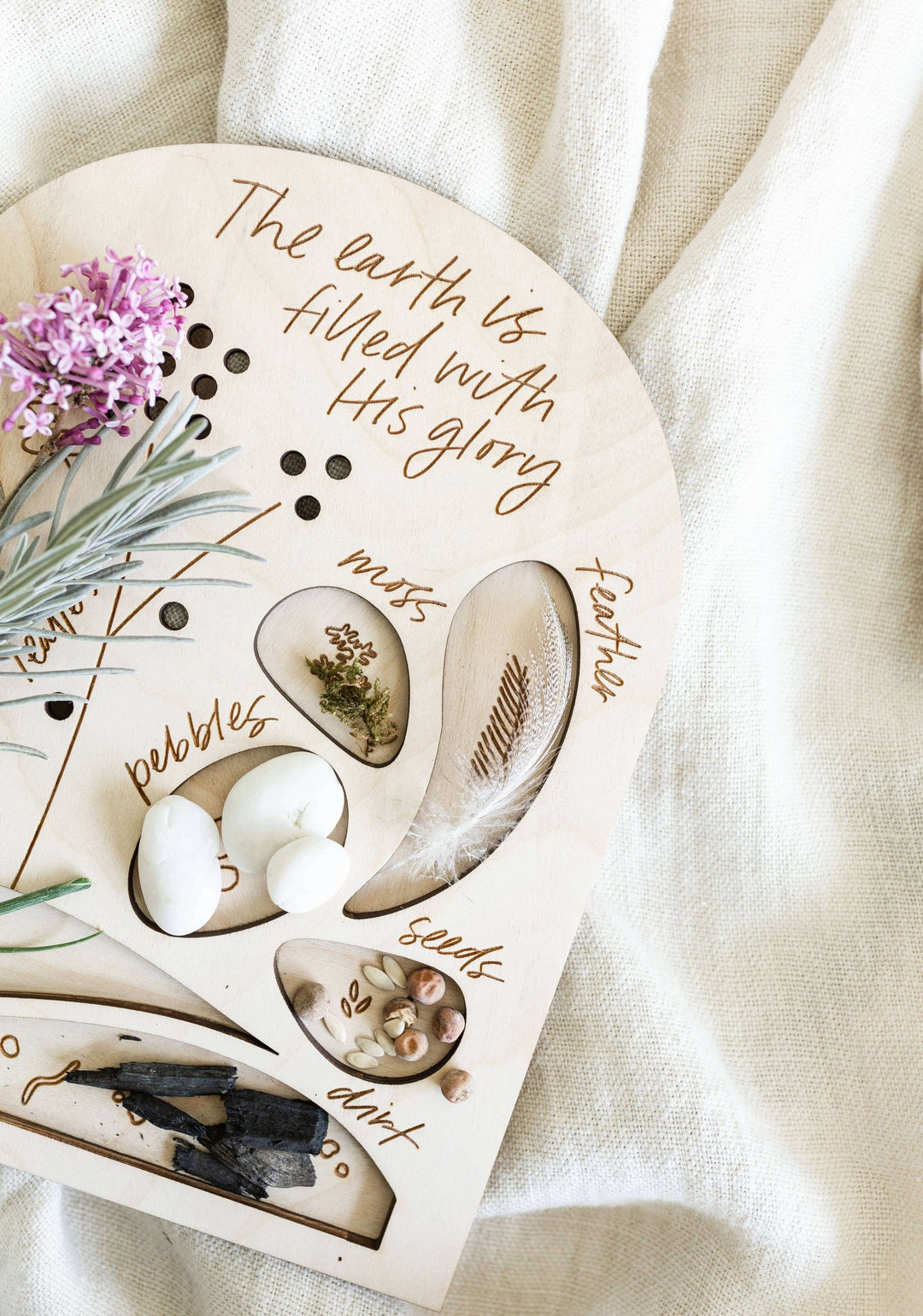 Glory Nature Board showing nature elements like pebbles, seeds, and feathers with inspiring text about God's creation.