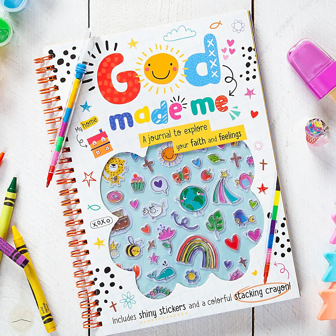 Colorful God Made Me sticker and doodle book for kids, featuring stickers and a stacking crayon.