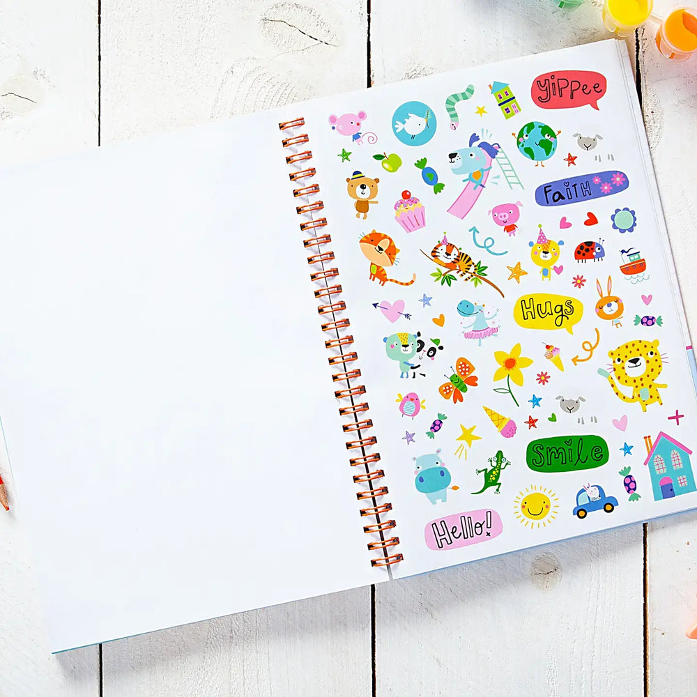Colorful stickers in the God Made Me sticker book, featuring fun designs and positive messages for kids' creativity.