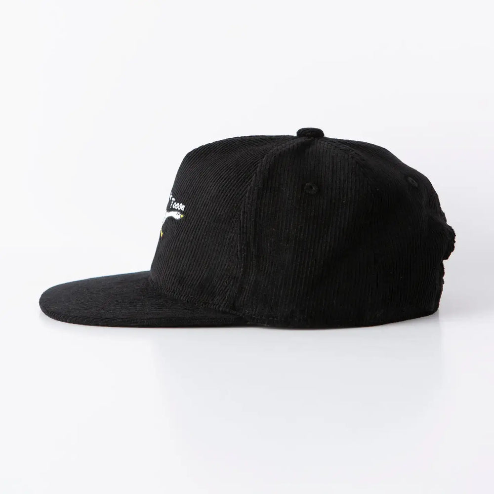 Side view of God's Silliest Goose black corduroy hat with playful embroidery.