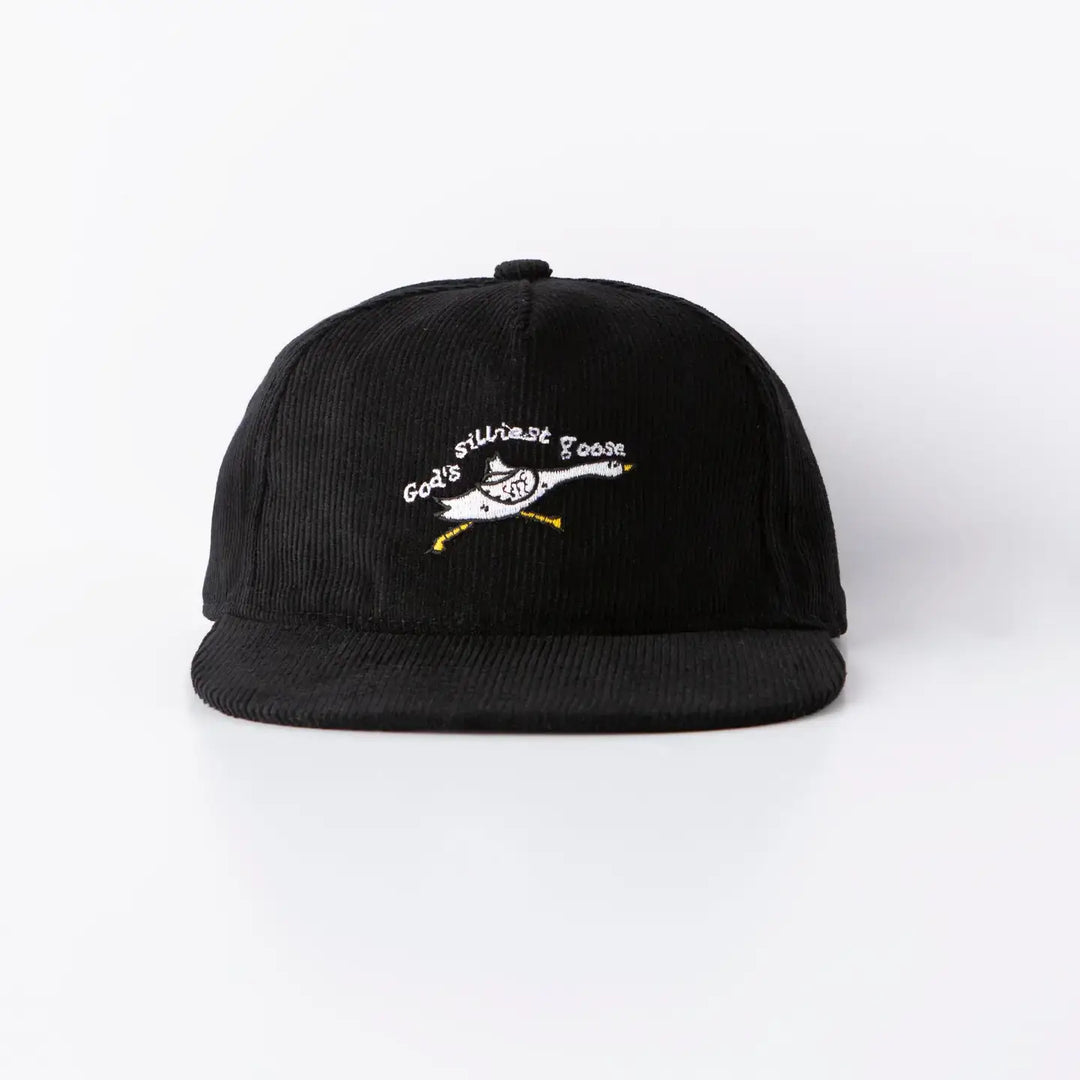 Black corduroy hat with 'God's Silliest Goose' embroidered, celebrating joy and humor in faith.