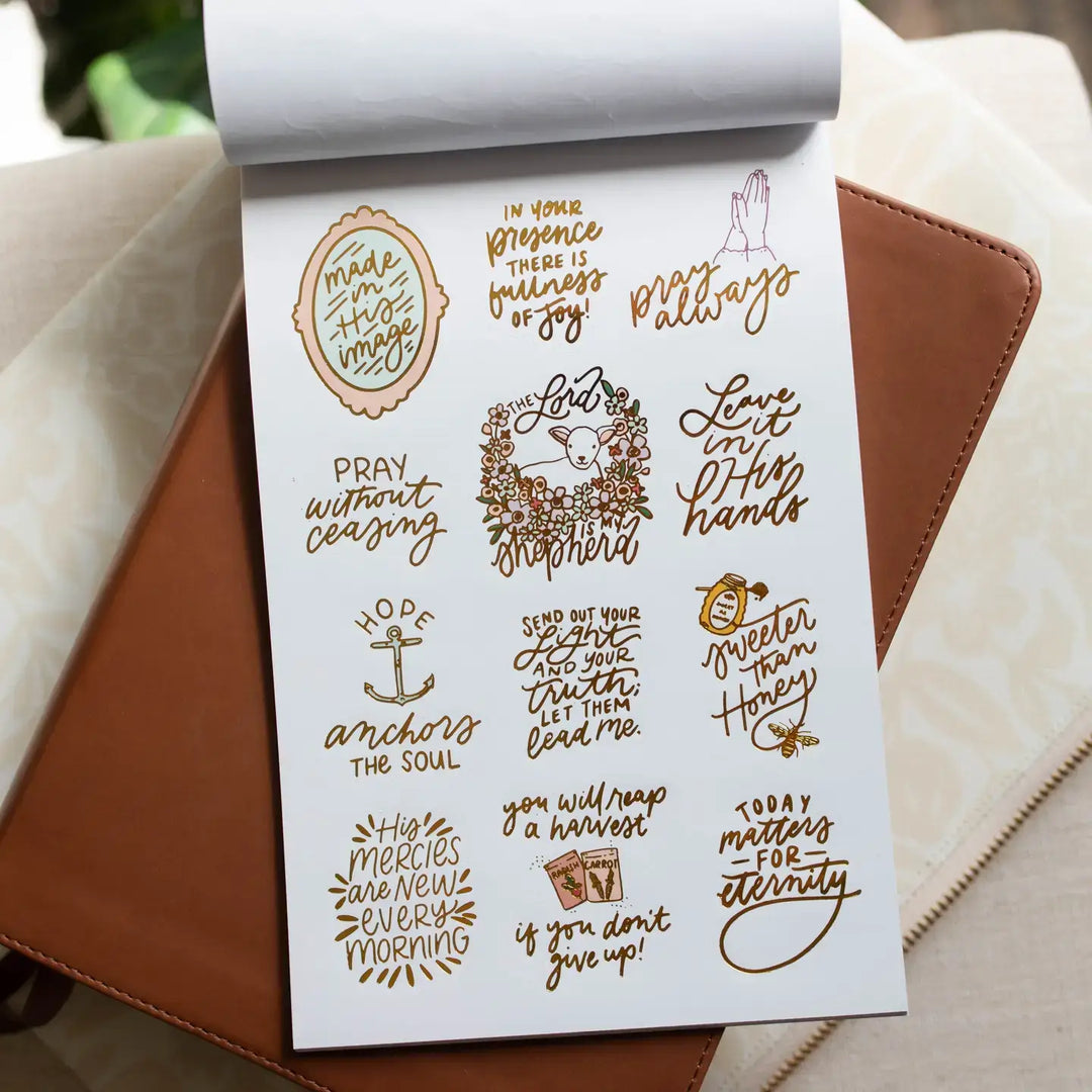 Hand-lettered Bible study stickers featuring inspiring quotes and illustrations for encouragement.