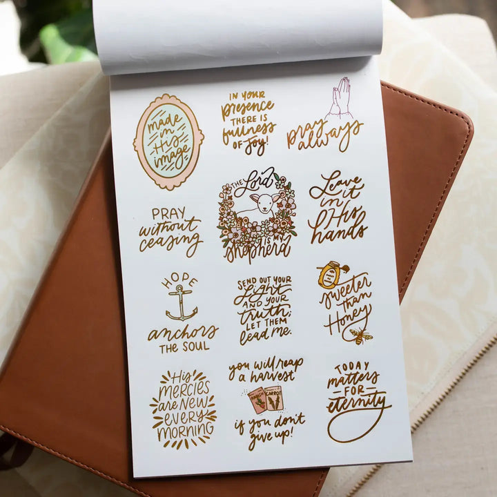 Hand-lettered Bible study stickers featuring inspiring quotes and illustrations for encouragement.