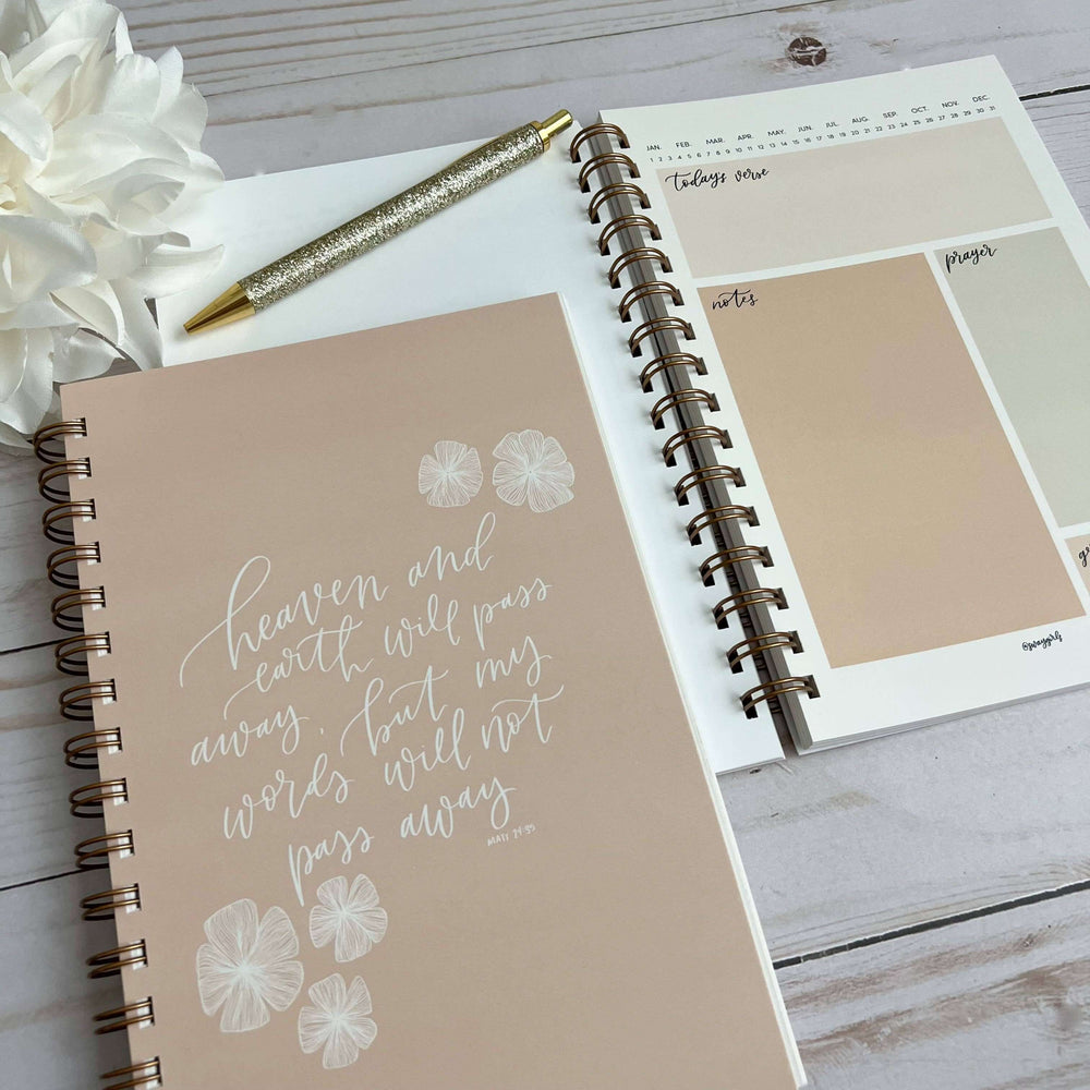 Heaven and Earth Bible Study Notebook with floral design and positive scripture for Christian women and creatives.