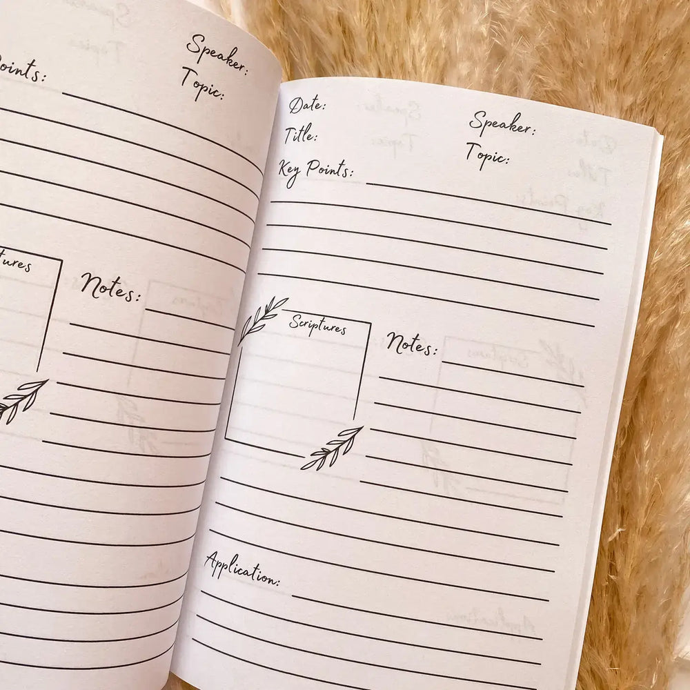 Open pages of a Marbled Sermon Notes Journal with guided sections for notes and reflections.