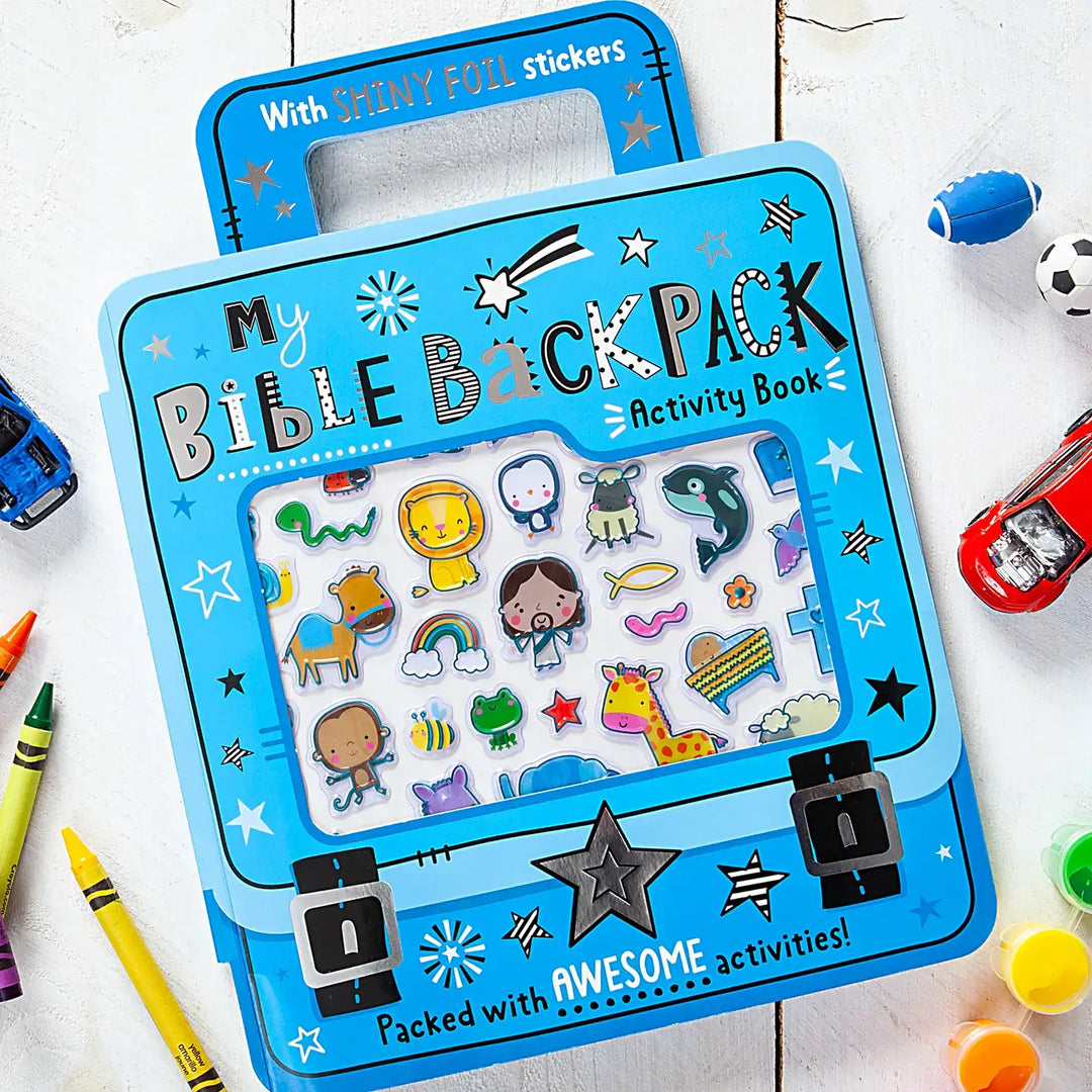 My Bible Backpack Activity Book for Kids featuring shiny foil stickers and fun Bible-themed activities.