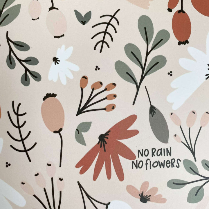 Floral pattern featuring the phrase 'No Rain No Flowers' ideal for a journaling notebook for Christian women.