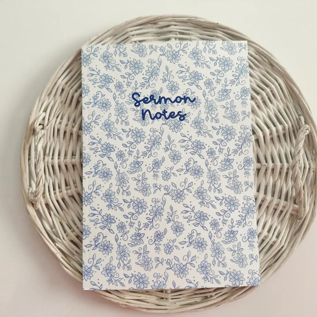 Serenity Notes Journal with serene blue floral design for capturing spiritual reflections and sermon notes.