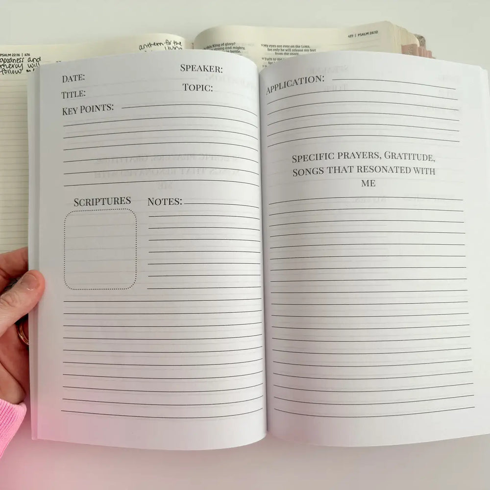 Open pages of the Serenity Notes Journal with sections for notes and reflections on sermons and spiritual teachings.