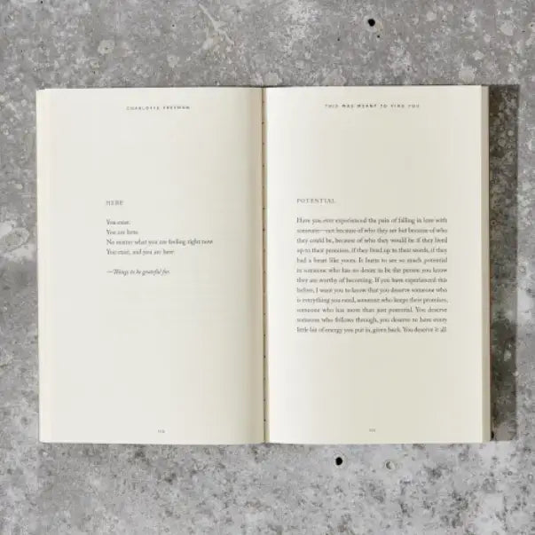 Open pages of 'This Was Meant To Find You' book, showcasing poetry and prose for healing and personal growth.