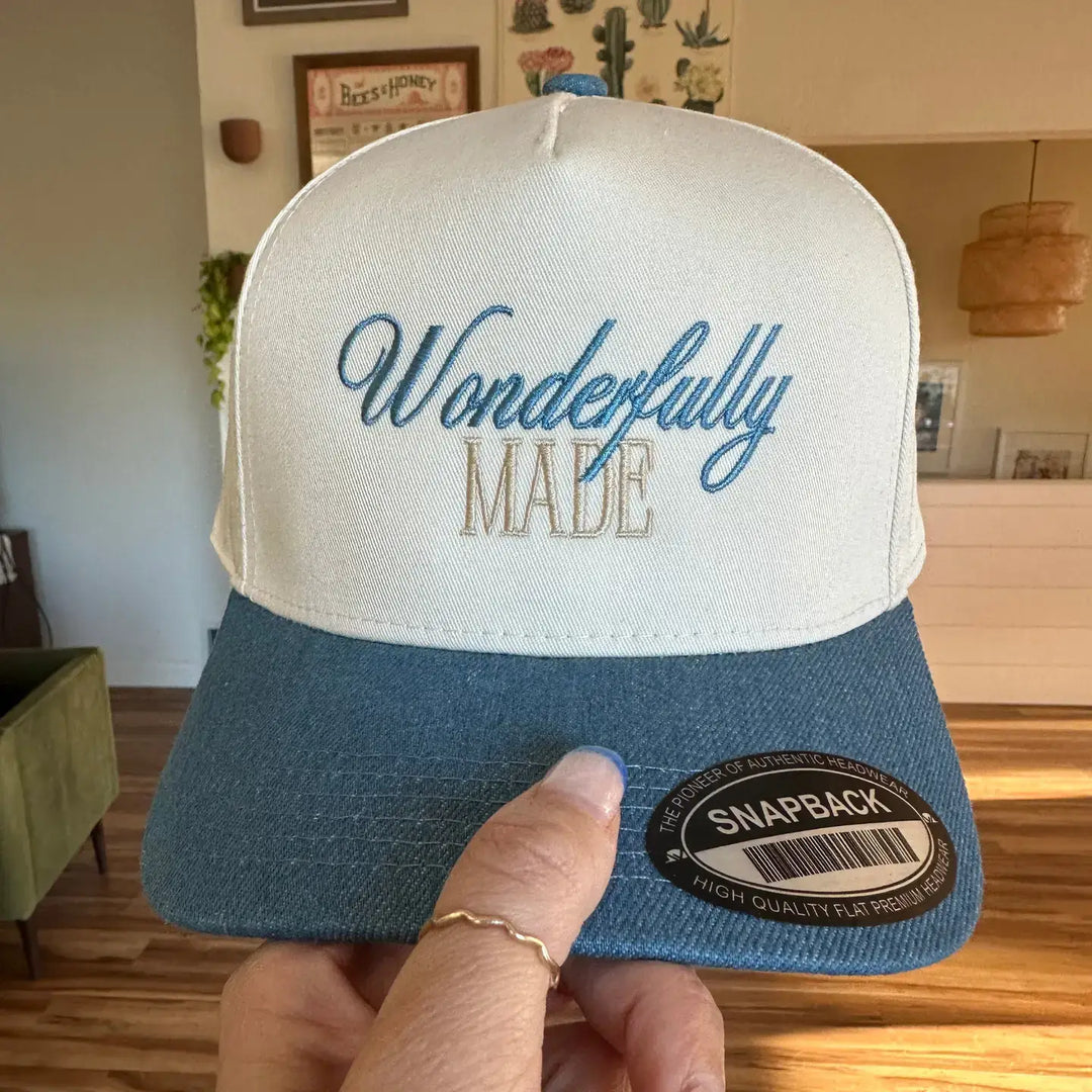 Denim Wonderfully Made embroidered hat featuring a stylish snapback design, perfect for casual outfits.