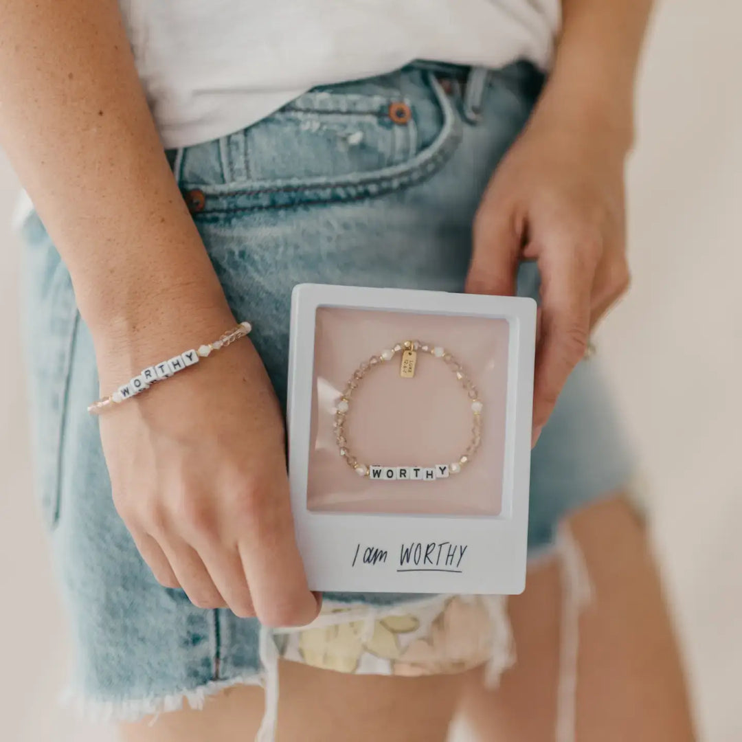 Worthy Beaded Stretch Bracelet showcased with 'I am WORTHY' card, symbolizing faith and self-worth in Christ.